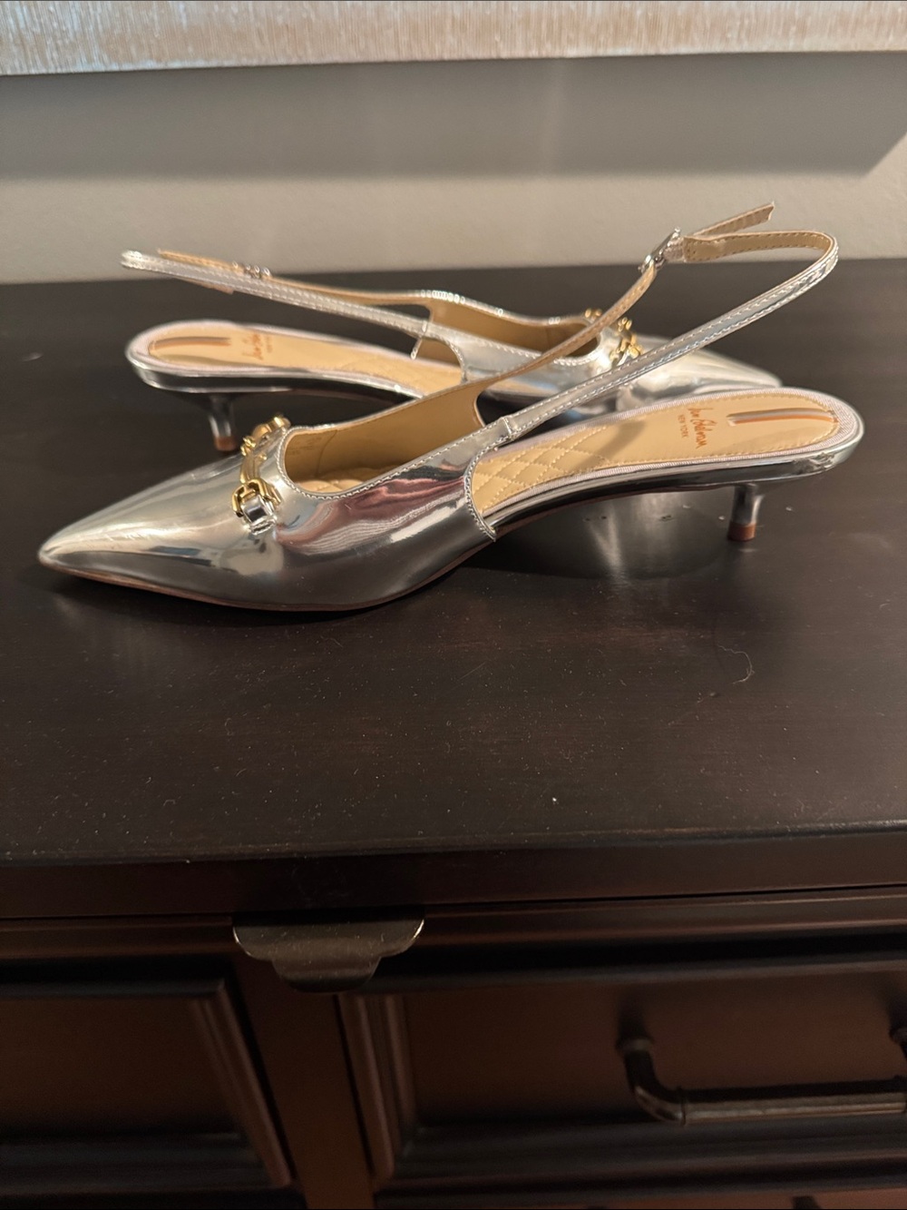 Sam Edelman Silver Pointed-Toe Slingback Kitten Heels with Gold Accent